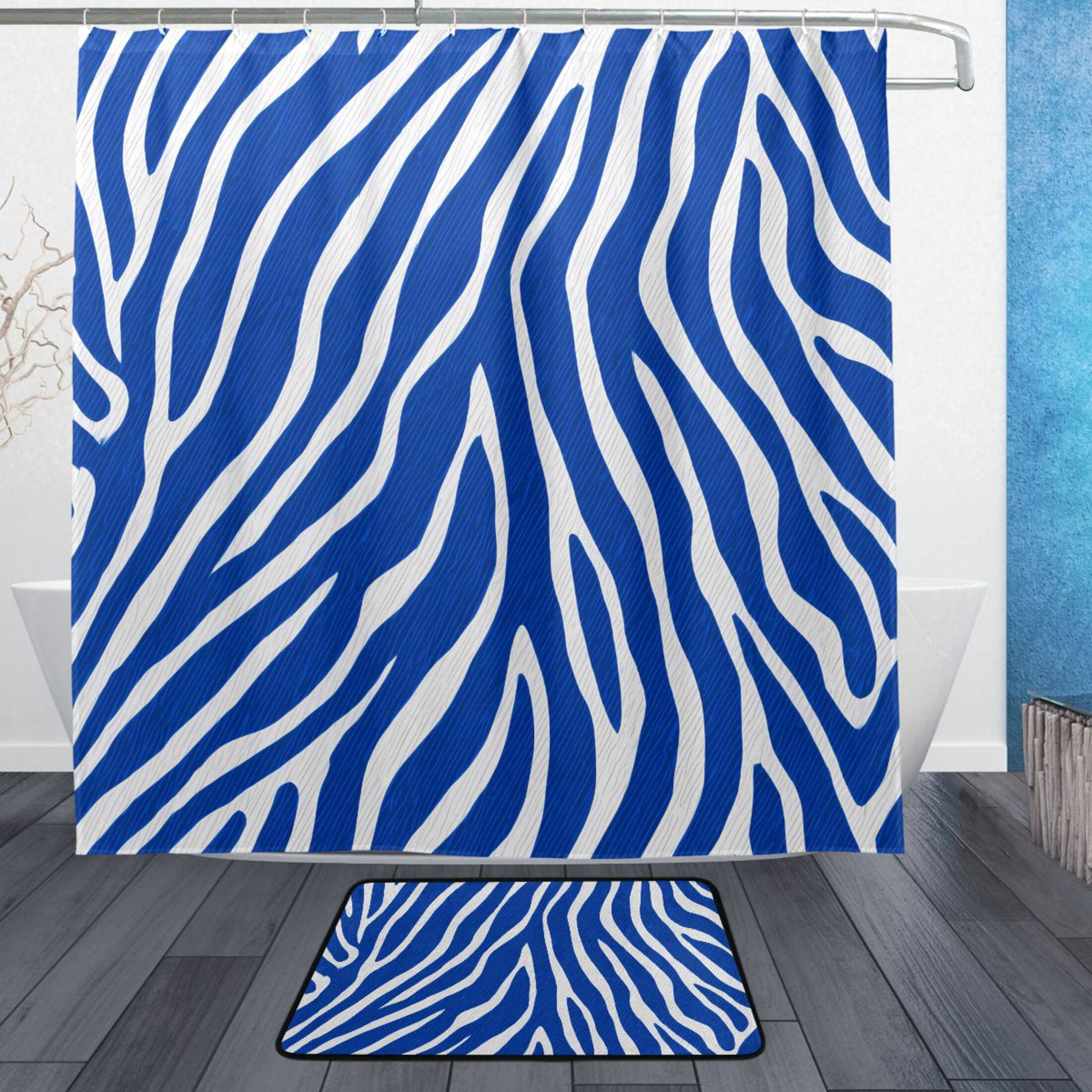 Blue Zebra Pattern Bathroom Accessory Sets Waterproof Shower Curtain ...