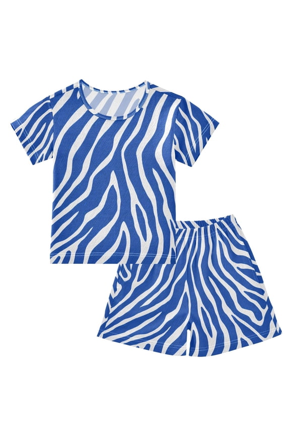 Blue Zebra Pattern Summer Pajama Set Soft Cotton Short Sleeve Sleepwear 2PCS Pajama Sets Breathable Lounge Set Size 12Y