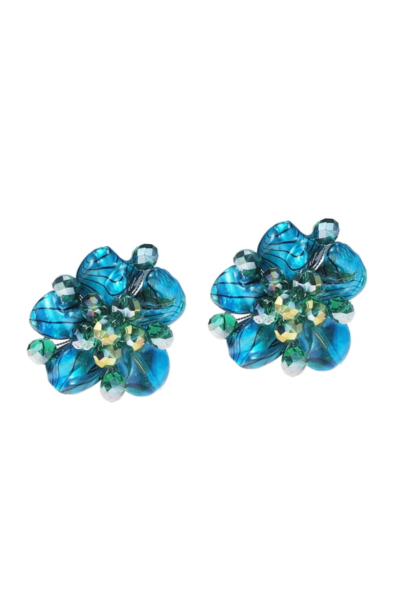 Blue Zebra Statement Painted Mother of Pearl Flower Clip On Earrings
