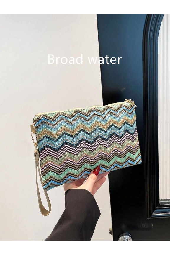Blue Zigzag Woven Clutch With Wrist Strap And Zipper Closure