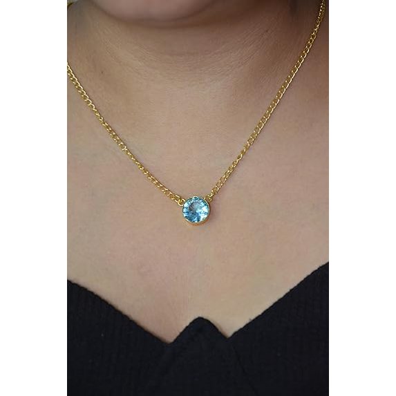 Blue Zircon Solitaire Necklace Gold-Plated, December Birthstone Pendant, Minimalist Blue Gemstone Necklace, Gift for Women, Natural Zircon