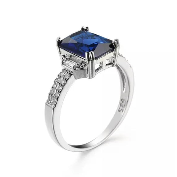 Blue Zirconia Princess Cut Band Gift Womens 925 Silver Wedding CZ Ring Size 6-10