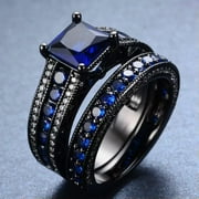 GWENDOGO Blue Zirconia Prong Set Engagement Rings Black Gold Filled Men/Women's Size 6-8