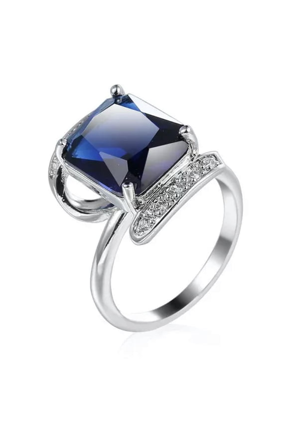 Blue Zirconia Square Cut AAA Cz 925 Silver Wedding Ring Band for Women Size 6-10