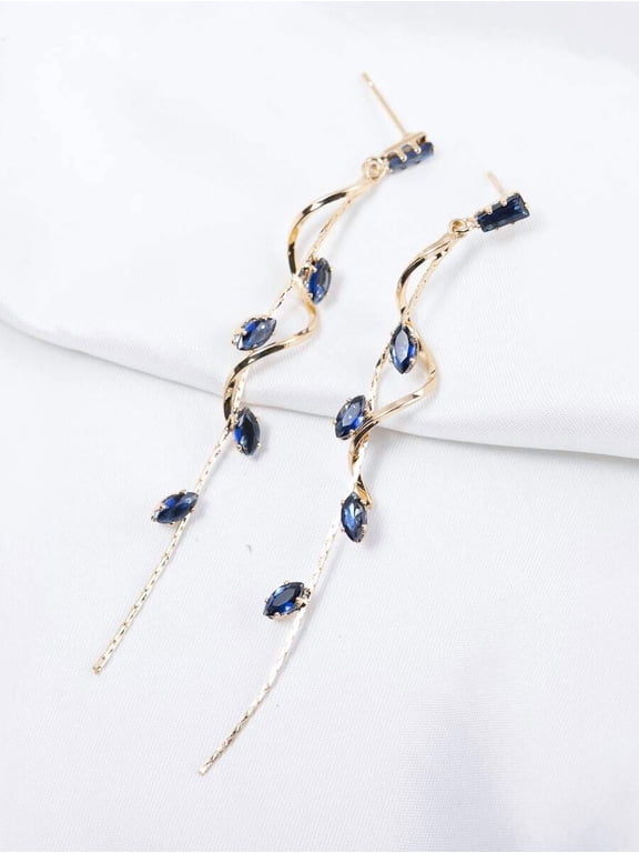 Blue Zirconia Vine Dangle Earrings With Goldtone Twisted Wire Design,Navy Blue