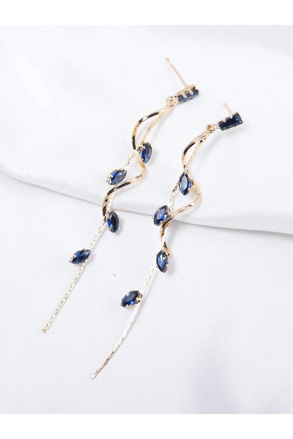 Blue Zirconia Vine Dangle Earrings With Goldtone Twisted Wire Design,Navy Blue