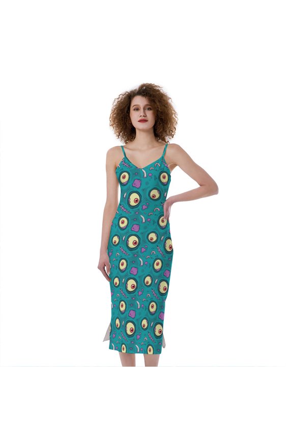Blue Zombie Pattern Print Slim Fit Midi Cami Dress, Halloween Decorative Fashion Summer Maxi Sexy Casual Dress For Women