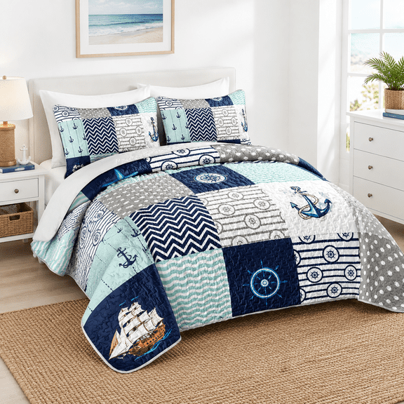 Blue-a Queen Size Nautical Patchwork Microfiber Quilt Bedding Set