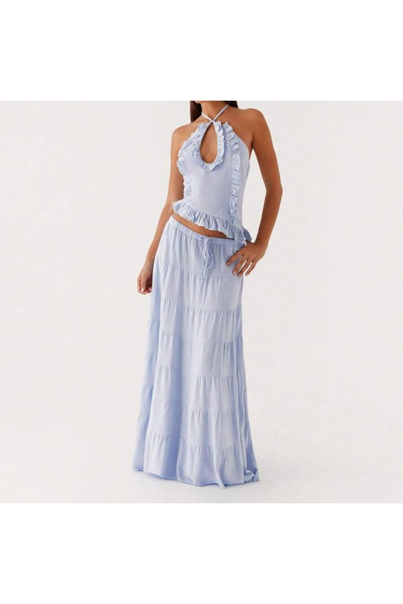 Blue-a Ruffle Halter Crop Top And Tiered Maxi Skirt Two-Piece Set