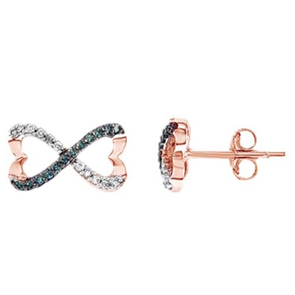 AFFY Blue & White Natural Diamond Heart Infinity Stud Earrings In 14K Solid Rose Gold (0.13 Ct)