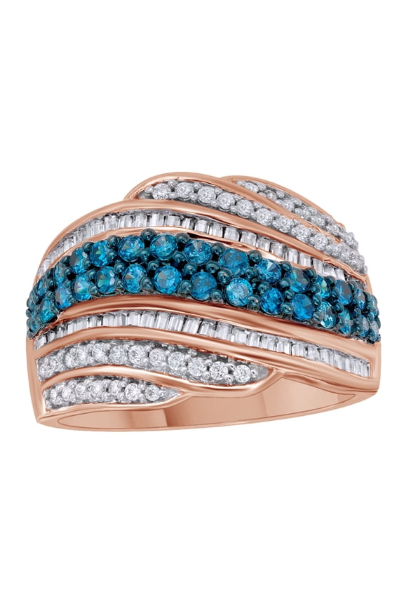 Blue & White Natural Diamond Wave Ring In 10k Rose Gold By