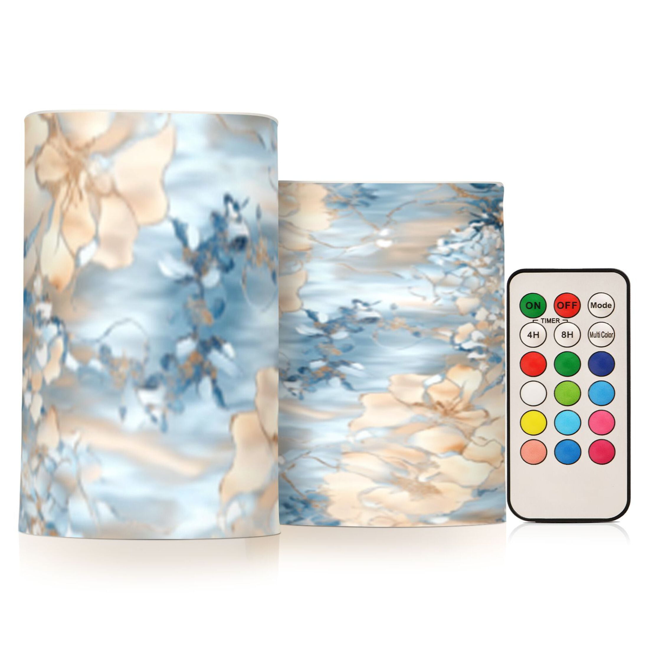 Blue and Beige Flower Flickering Flameless Candles Battery Operated with Remote Timer LED Pillar Candles Set of 2