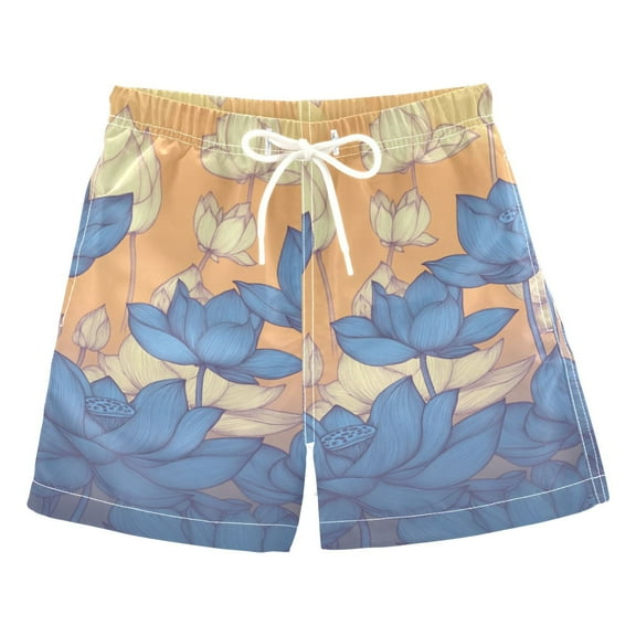 Blue and Beige Lotus Figure Boys Swim Trunks Quick Dry Boy Swim Shorts for 3-14 Years