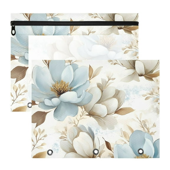 Blue and Beige Magnolias 3-Ring Binder Pouches A4 Size Zipper Pocket File Storage 2 Packs
