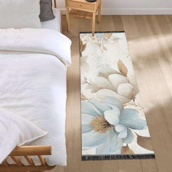Blue and Beige Magnolias Bedroom Runner Rug 2'x 6' Non Slip Carpet Indoor Home Area Rug Living Room