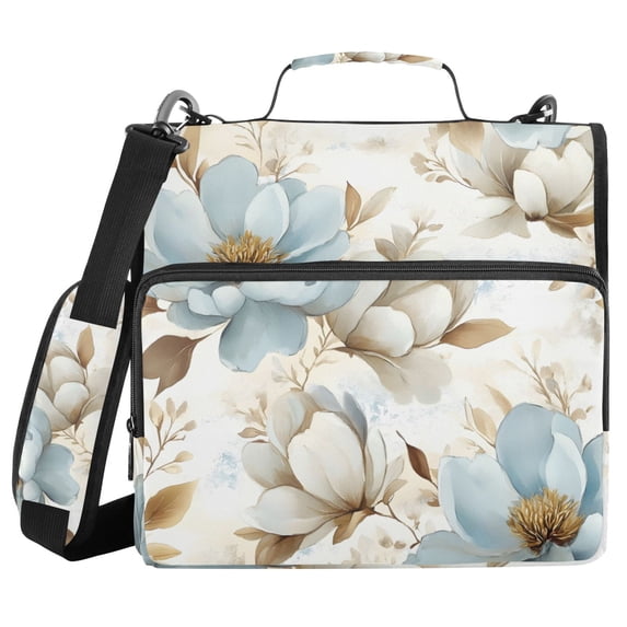 Blue and Beige Magnolias Binder Bag with Shoulder Strap 3 Ring Zipper ...