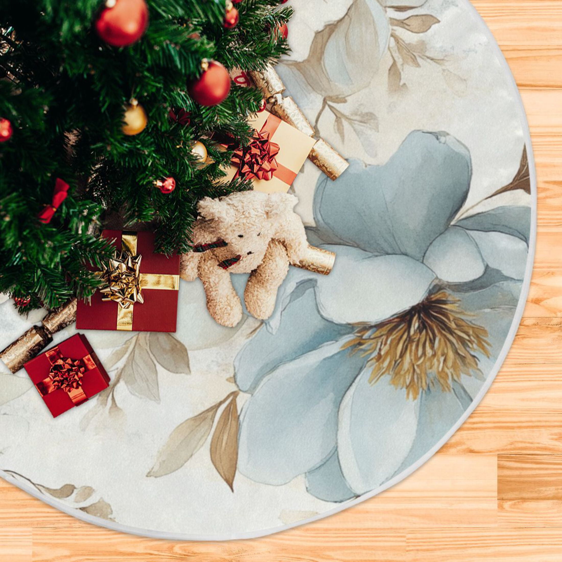 Blue and Beige Magnolias Christmas Tree Skirt Stand Mat Waterproof