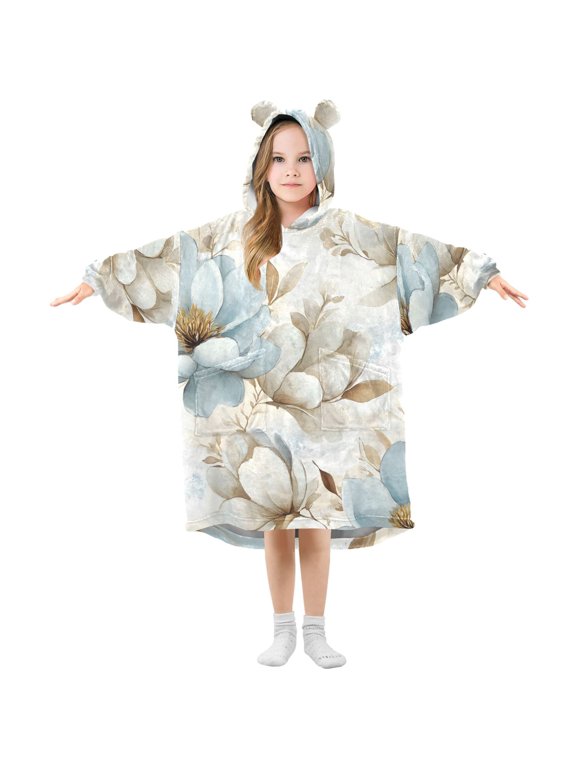 Blue and Beige Magnolias Flannel Wearable Blankets Hooded Design Long Sleeves Wrap Unisex for 3T-14Y S
