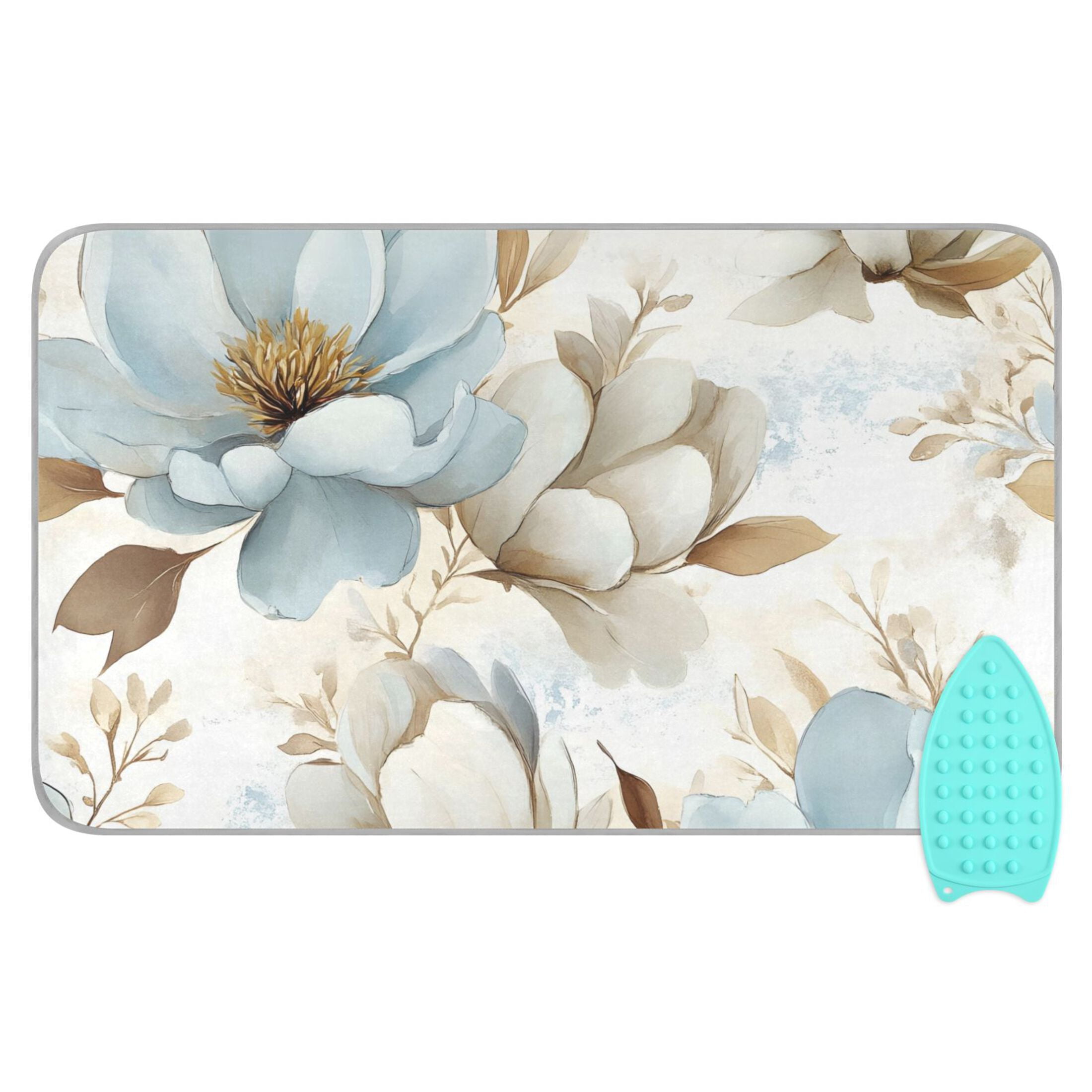 Blue and Beige Magnolias Ironing Mat Blanket for Table Top Travel Portable Ironing Board Pad 47.2x27.6 Inch