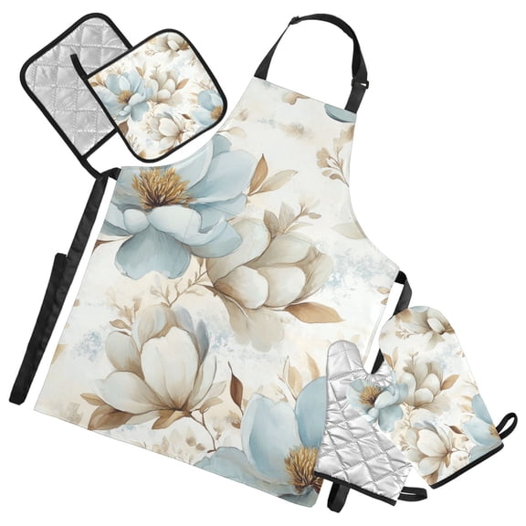 Blue and Beige Magnolias Oven Mitts and Pot Holders with Chef Apron Set 5 Pcs Kitchen Cooking Set