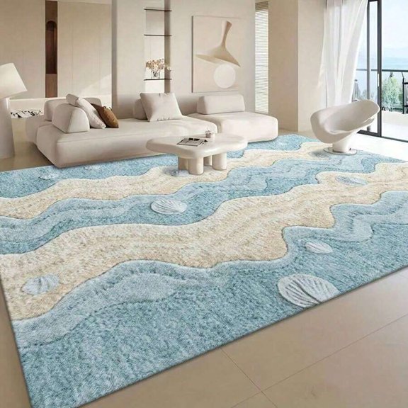 Blue and Beige Ocean Wave Pattern Soft Plush Area Rug