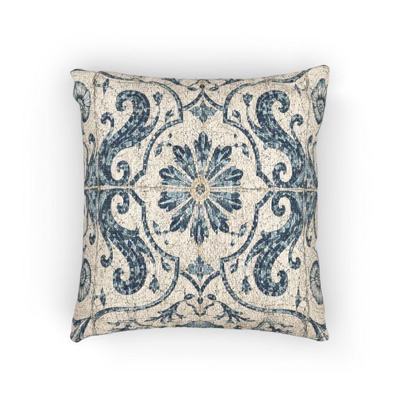 Blue and Beige Ornamental Tile Floral Scrollwork Woven Pillow, Cotton-Polyester Shell for Home Decor
