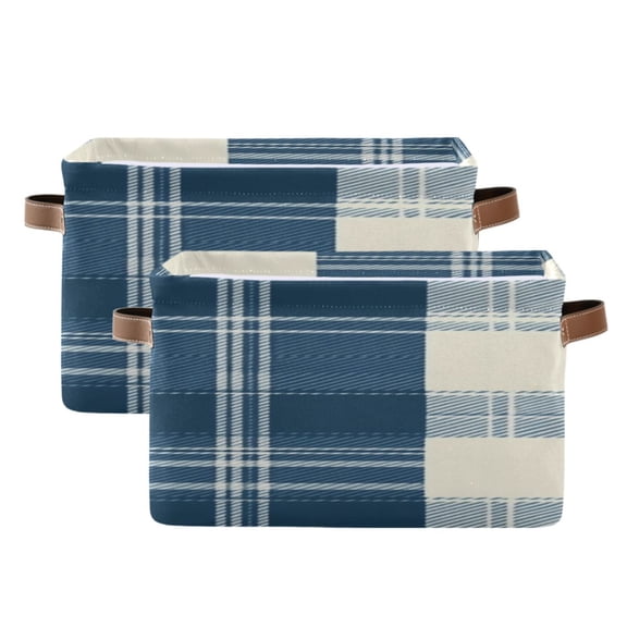 Blue and Beige Wide Plaids Square Storage Bins with Handles Collapsible Containing Box 2 Packs