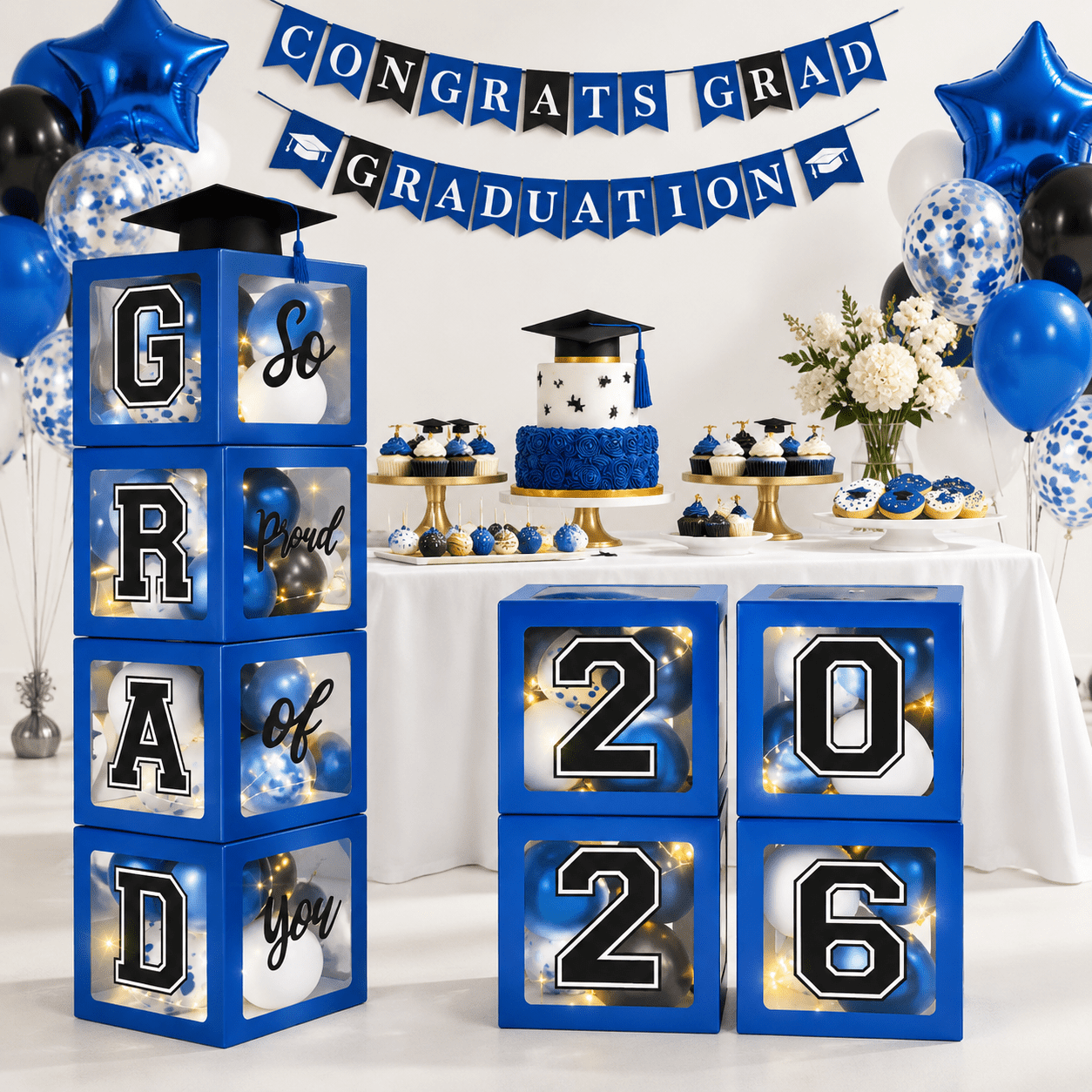 Blue and Black 2026 Graduation Party Decoration Kit with Balloons ...