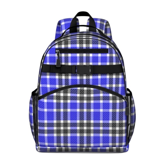 Blue and Black Checkered Pattern Backpack for School, Cute School Bag with Adjustable Shoulder Straps and Padded Back, 15.25"x11.5"x5.25"