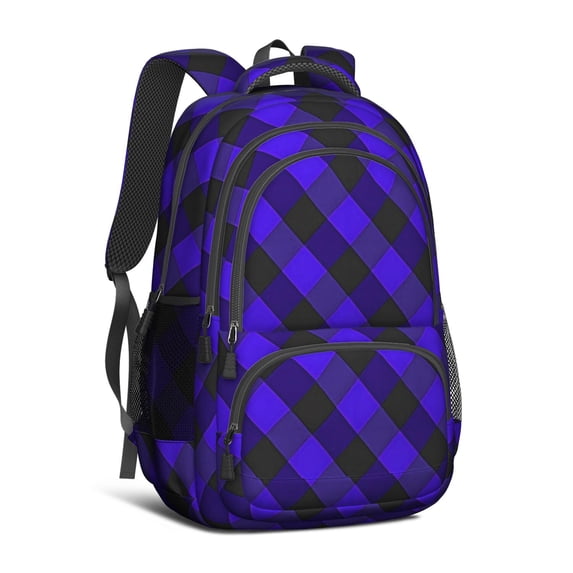 Blue and Black Checkered Pattern Backpack for School, Cute School Bag with Adjustable Shoulder Straps and Padded Back, 16.9"x12.6"x5.9"
