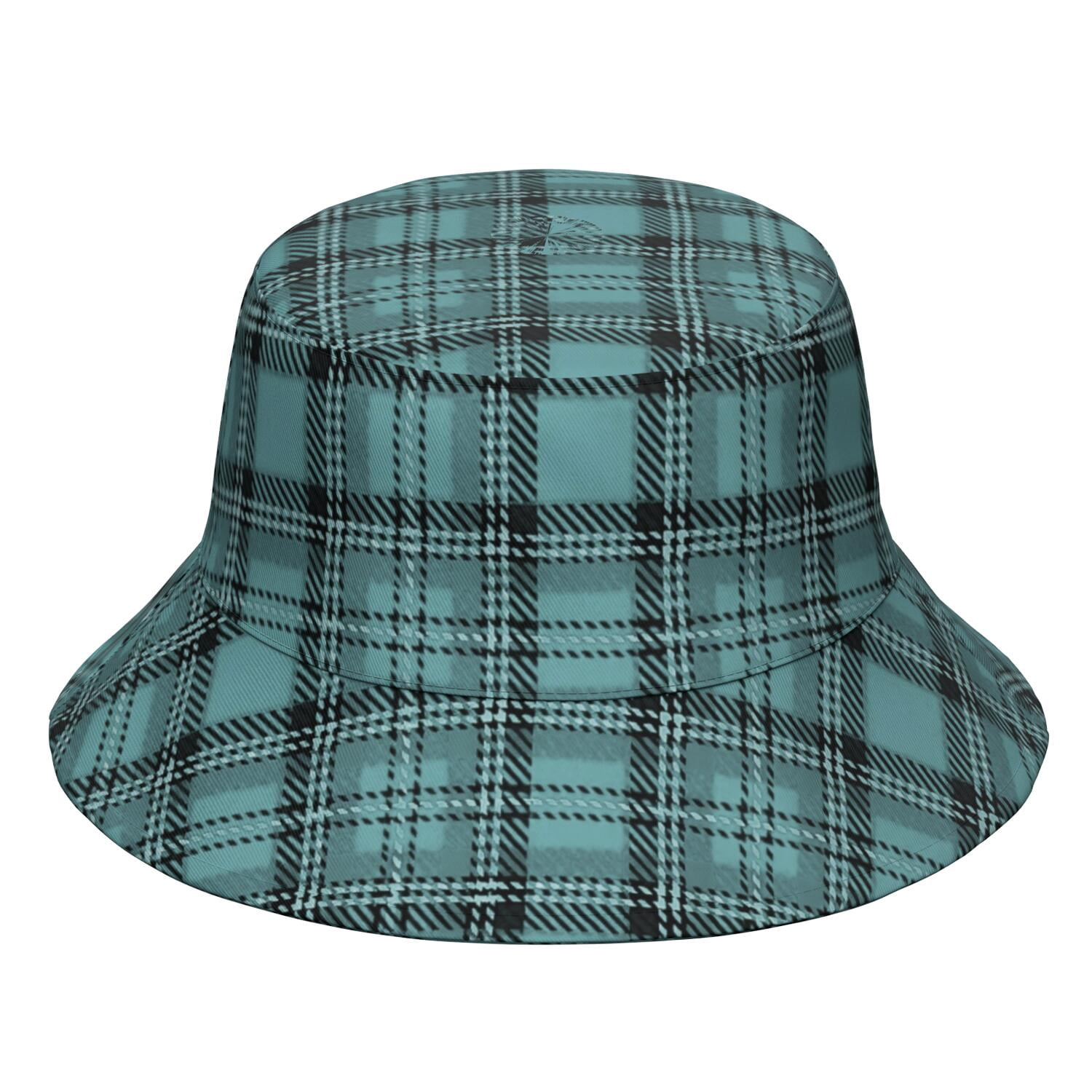 Blue and Black Checkered Pattern Bucket Hat, Outdoor Sun Hat with Wide ...