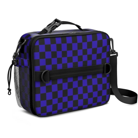 Blue and Black Checkered Pattern Insulated Lunch Bag with Shoulder Strap and Bottle Holder,Bento School Lunch Bag Box,11x9.5x3.5 Inches