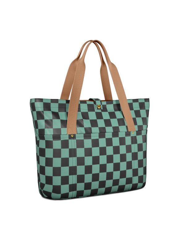 Blue and Black Checkered Pattern Large Tote Bag for Women, Polyester Roomy Beach Bag with Pockets and Zipper, Durable Gifts Ideas for Women Men