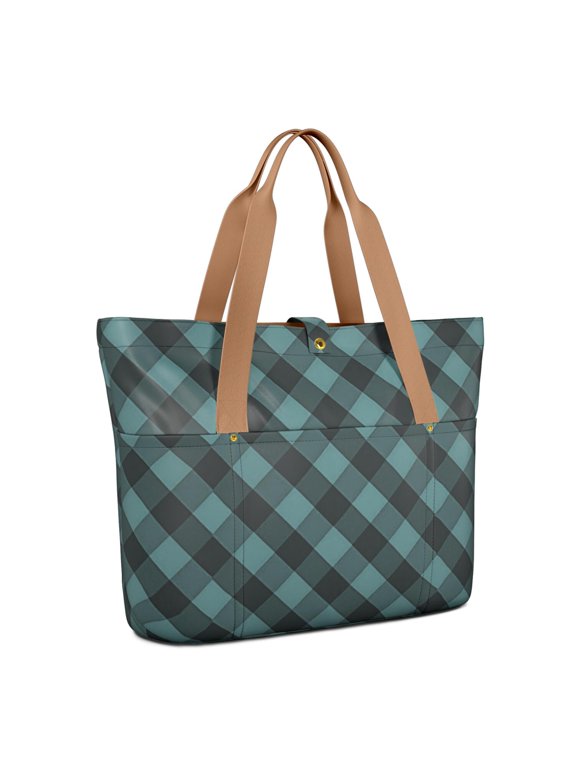 Blue and Black Checkered Pattern Large Tote Bag for Women, Polyester Roomy Carryall with Pockets and Zipper, Lightweight Gifts Ideas for Women Men