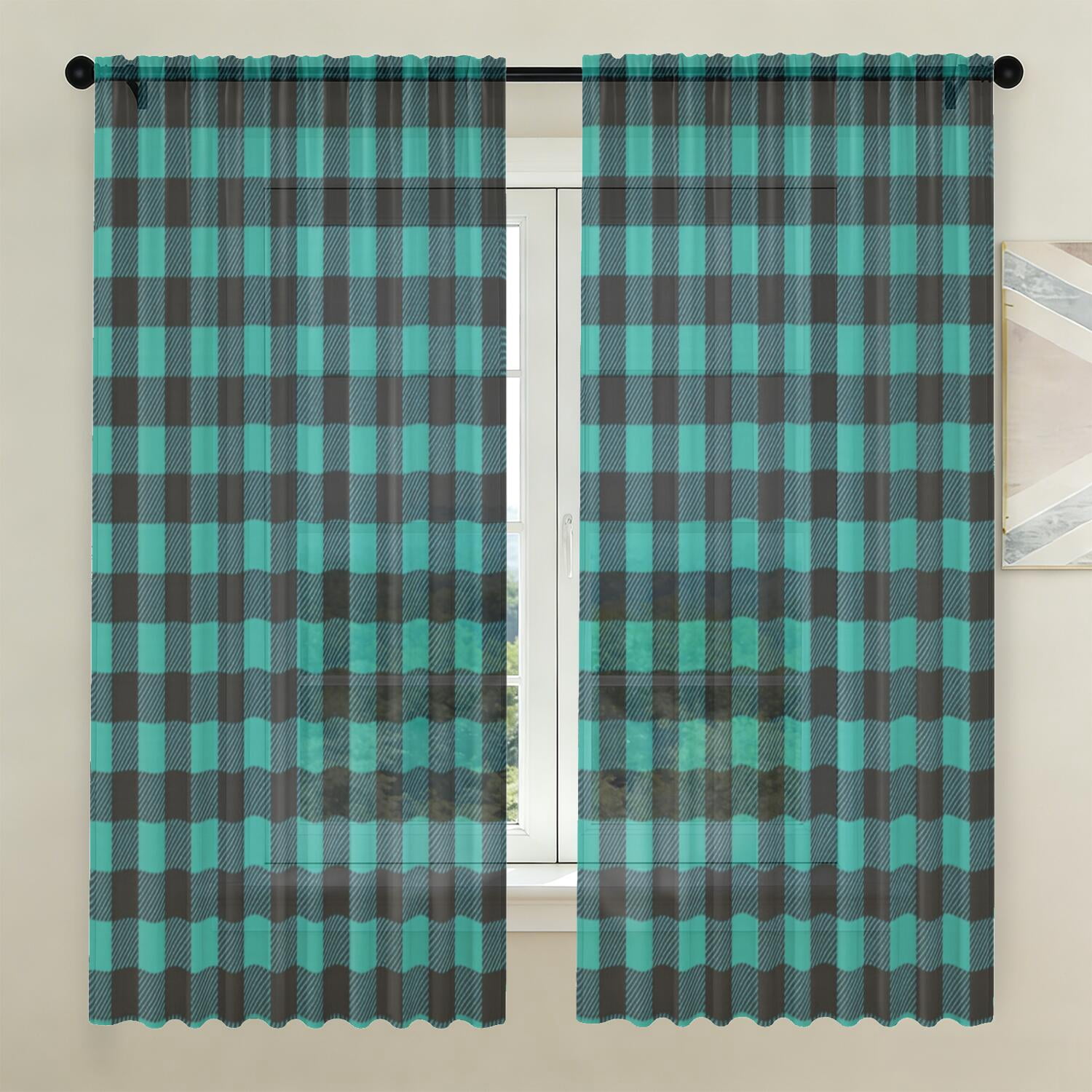 Blue and Black Checkered Pattern Sheer Curtains, Sheer Window Panels ...