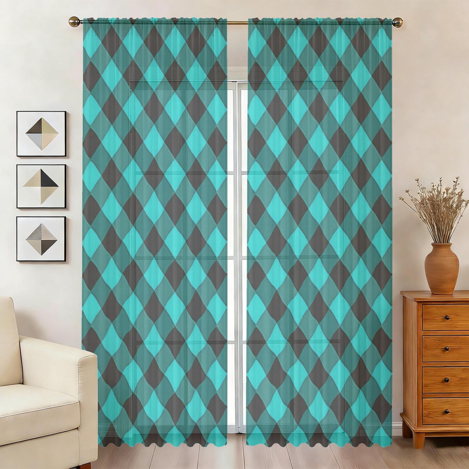 Blue and Black Checkered Pattern Sheer Curtains, Sheer Window Panels ...