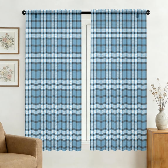 Rod Wire Windows Blue and Black Checkered Pattern Sheer Curtains, Sheer Window Panels ...