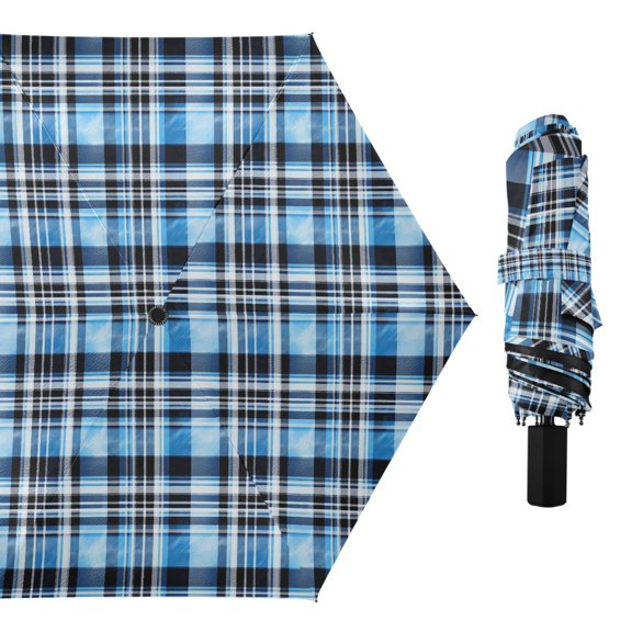 Blue and Black Plaid Compact Sun Umbrella Windproof Travel Umbrellas for Rain Strong Portable UV Protection