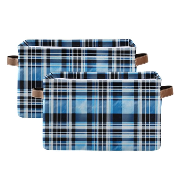 Blue and Black Plaid Storage Bins with Handle Fabric Organizer Basket Foldable Box 2 Pack 14.2x10.2x8.3