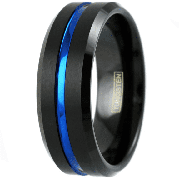 Blue and Black Wedding Band Ring - Unisex Wedding Rings Brushed Finish 8mm