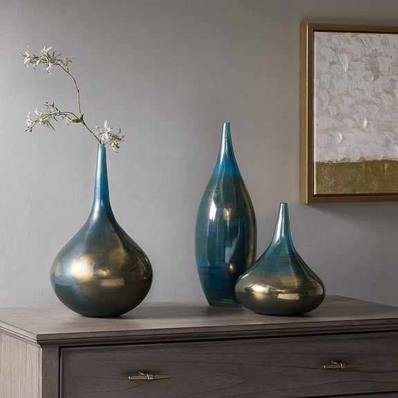 Blue and Bronze Decorative Glass Vases 3-Piece Set,Blue Metal Glass Household Supplies Décor Accessories