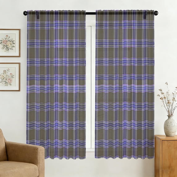 Blue and Brown Checkered Pattern Sheer Curtains, Voile Drapes with Dual ...