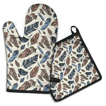 Blue and Brown Feather Pattern Kitchen Oven Mitt and Pot Holder Sets 2 Pcs for Baking, Cooking and Grilling, Heat Resistant Up To 392 °F