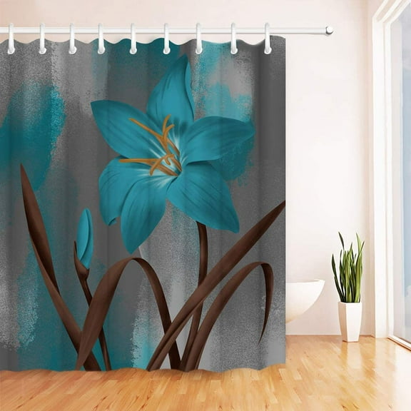 Blue and Brown Shower Curtain Turquoise Lily Teal Flower Bath Curtain Large Single Bold Floral Bathroom Decor with Hooks 54"W x 78"L (Pack of 1)