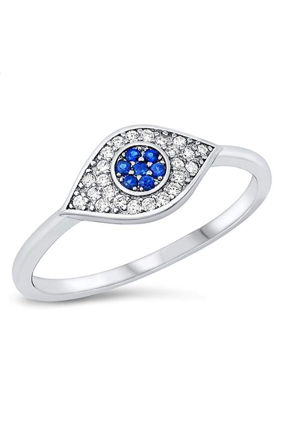 Blue and Clear Pave Set Cubic Zirconia Evil Eye Ring Sterling Silver Size 8