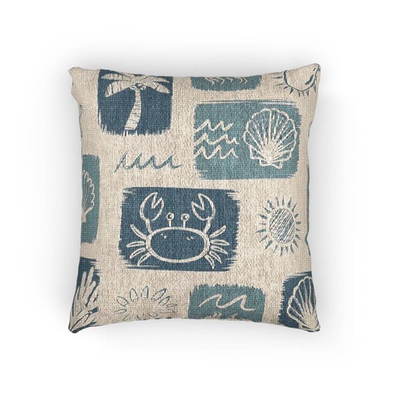 Blue and Cream Coastal Icons Decorative Woven Pillow, Cotton-Polyester Shell, Seashell, Crab, Palm and Wave Design