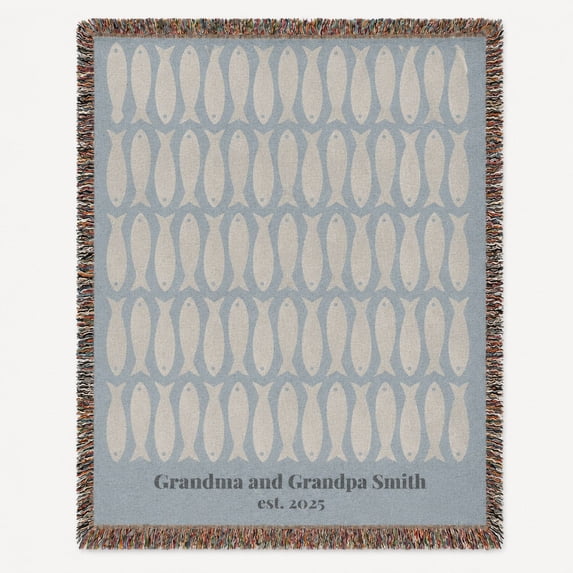 Blue and Cream Fish Pattern Woven Blanket, 100% Cotton, Family Keepsake ...