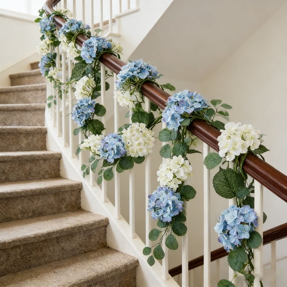 Blue and Cream Hydrangea Garland,72'' Long Artificial Flower Garlands for Mantel Banister Table Centerpiece Easter Home Decor Living Room Decor