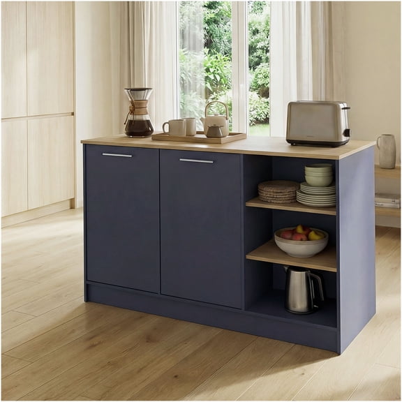 Blue and Cream Kitchen Island with Dining Countertop, Storage Cabinets & Shelves for Modern Farmhouse Kitchen