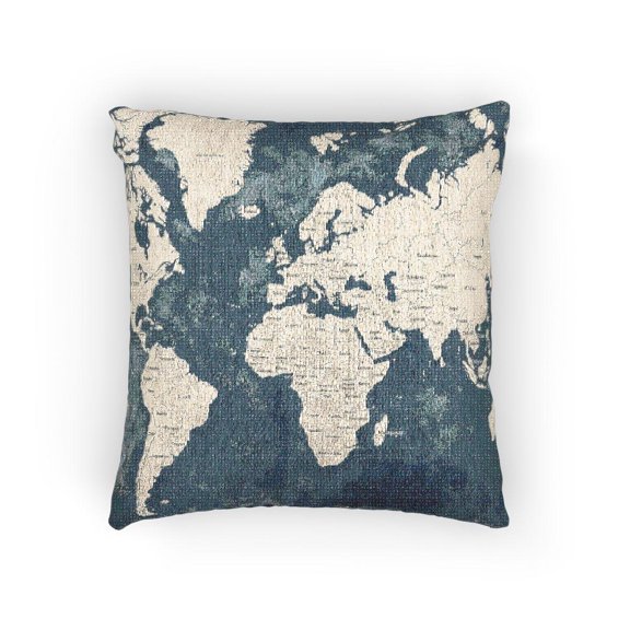 Blue and Cream Watercolor World Map Woven Pillow, Cotton-Polyester Shell, Global Geography Decor